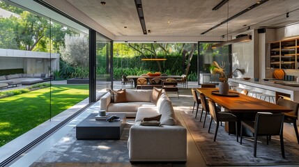 Fototapeta premium A contemporary home interior featuring a sleek lunch room and expansive glass doors leading to a stunning, landscaped lawn 
