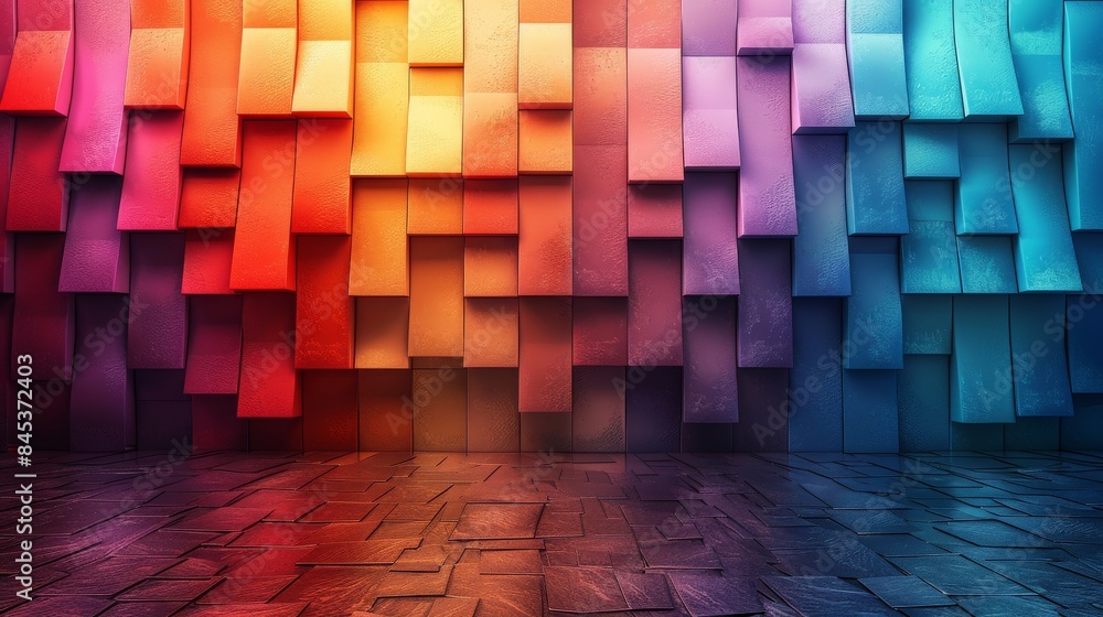 Poster an eye-catching 3d rendering of a wall with colorful gradient cubes, creating an abstract patterned 