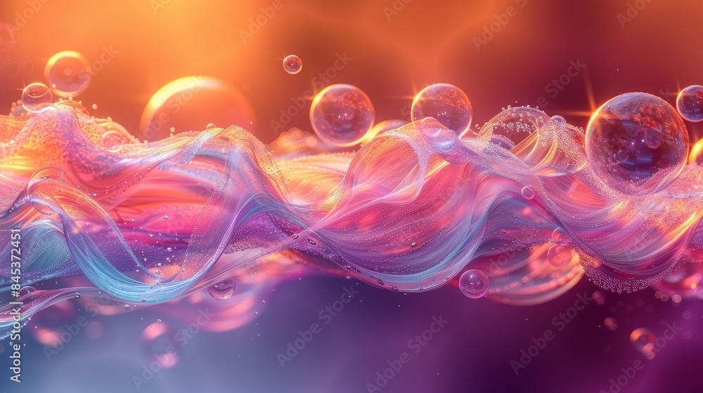 Poster vibrant wave of flowing bubbles with gradient colors and bokeh effect, giving a surreal and dreamy v
