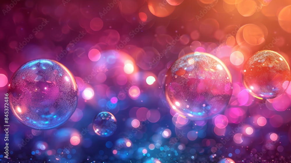 Poster a cluster of sparkling bubbles against a bokeh background with a vivid contrast of pink and blue hue