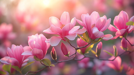 Close-Up of Pink Magnolia Flowers in Full Bloom with Sunlight, Spring Atmosphere