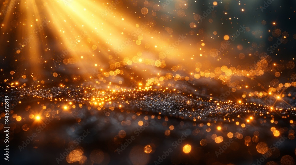 Poster a mesmerizing scene featuring countless glimmering particles floating above a dark, mysterious backg