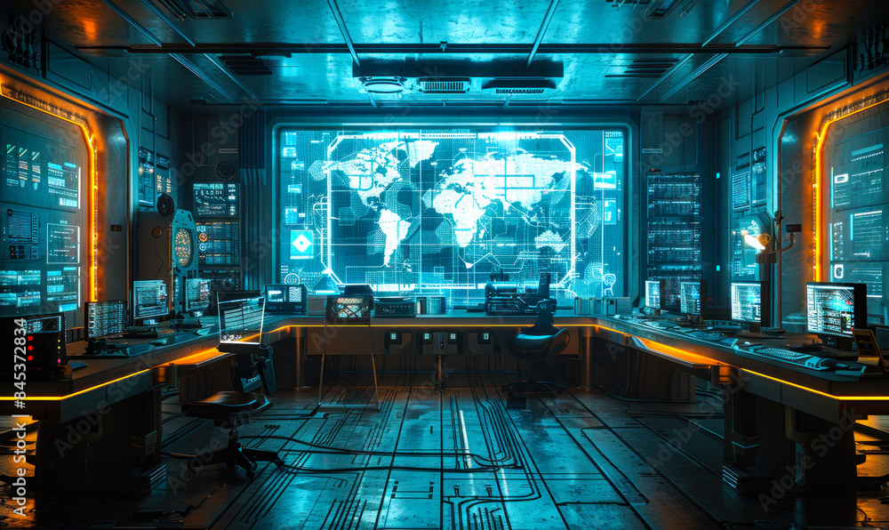 Poster futuristic concept room with holographic projection of technical blueprints and schematics across an