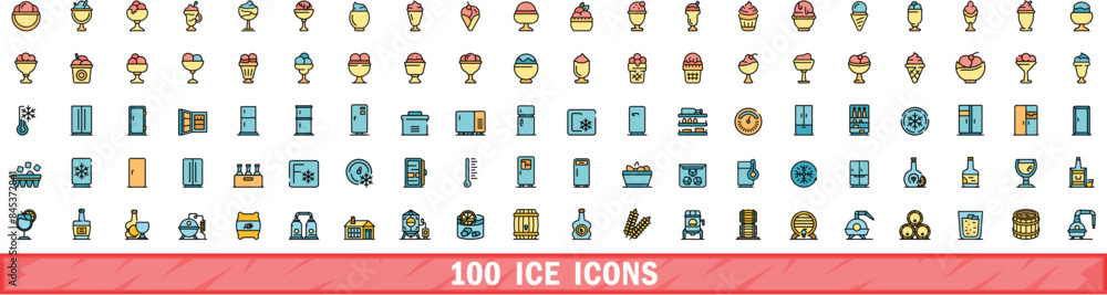 Poster 100 ice icons set. color line set of ice vector icons thin line color flat on white