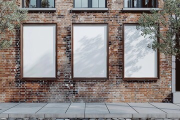 Three Empty Billboards on Brick Wall with Tree to the Right
