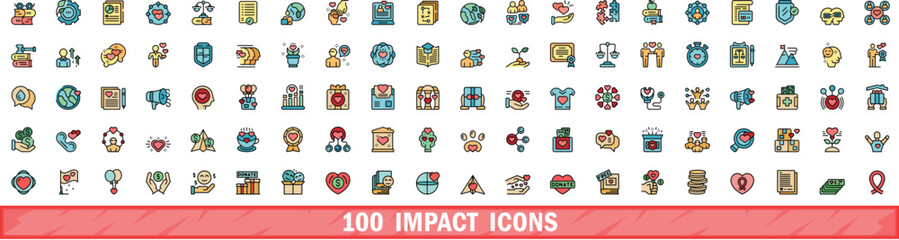 100 impact icons set. Color line set of impact vector icons thin line color flat on white