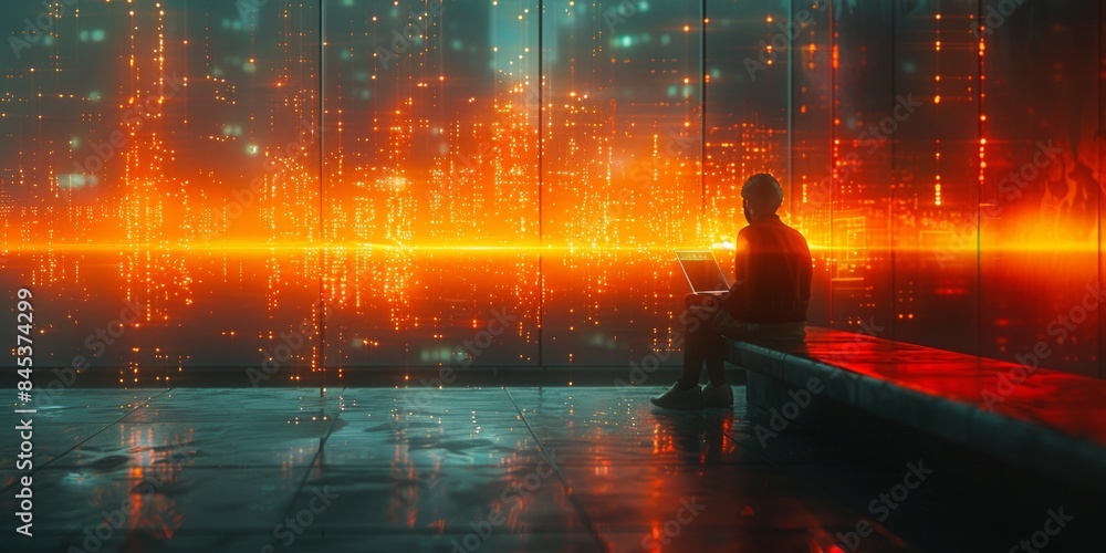 Poster a business person sitting in a big office looking at their computer and there is data coming out of 