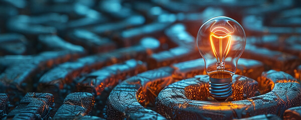 Navigating a creative problem solving maze with a light bulb in the center