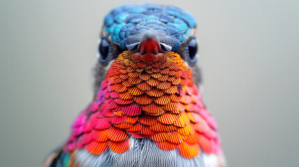 Close-up of a hummingbird looking straight into the camera, vibrant colorful feathers, symmetrical portrait