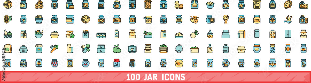 Poster 100 jar icons set. color line set of jar vector icons thin line color flat on white