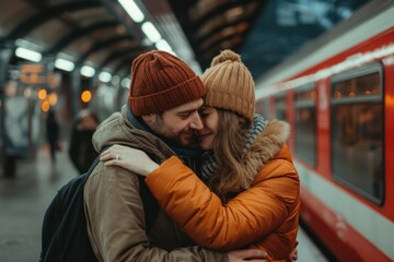 Romantic embrace between a couple at the train station, sharing a warm hug with a departing train and soft lighting in the background