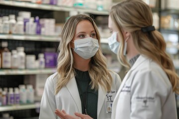 Female pharmacists in masks discussing healthcare and expertise in a pharmacy during a pandemic, with shelves of medications in the background