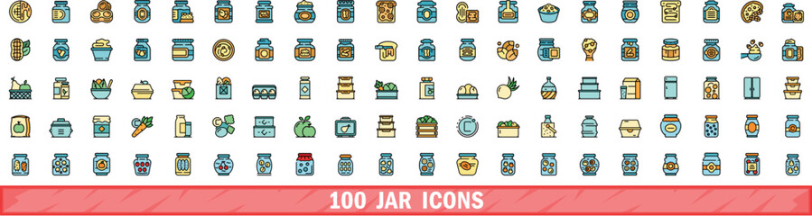 100 jar icons set. Color line set of jar vector icons thin line color flat on white