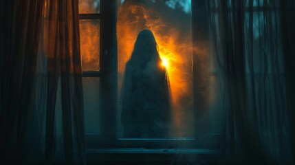 Silhouetted figure behind a window with intense orange light and rising smoke