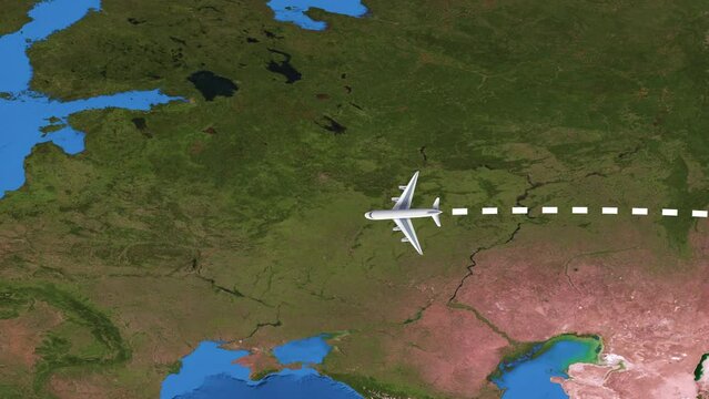 International flight travel route from Seoul to Paris on worlds map in 4K