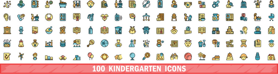 100 kindergarten icons set. Color line set of kindergarten vector icons thin line color flat on white