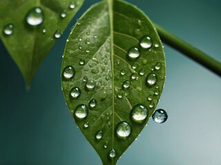 Water droplets glisten on a vibrant green leaf, showcasing exquisite details.
