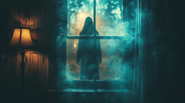 A spooky hooded figure can be seen through a fog-covered window in a dimly lit room, creating a horror mood