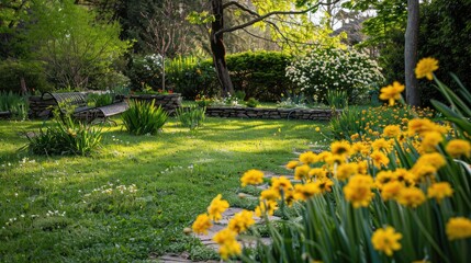 Obraz premium Garden with lovely yellow flowers in spring setting