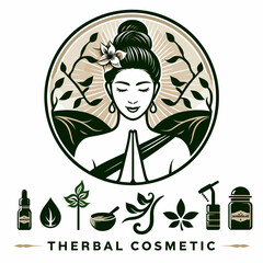 Create a logo about a beauty and health business, with a main image of a woman with her hands together in a prayer gesture, in a minimalist style and with a low number of colors.