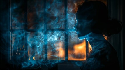 A person's silhouette is seen with an obscured face against a backdrop of mysterious blue-lit smoke