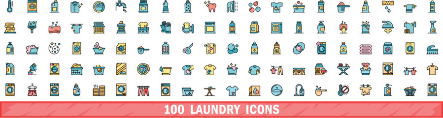 100 laundry icons set. Color line set of laundry vector icons thin line color flat on white