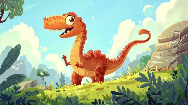 A whimsical and vibrant prehistoric dinosaur cartoon brimming with joy and humor designed as an isolated illustration specifically tailored for children