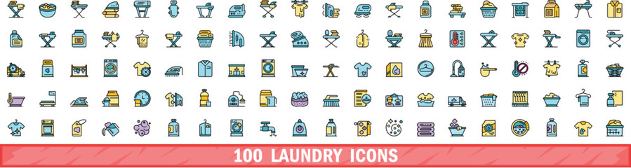 100 laundry icons set. Color line set of laundry vector icons thin line color flat on white