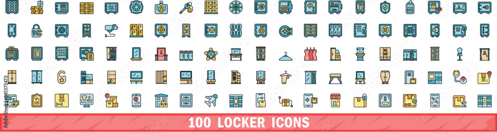 Poster 100 locker icons set. color line set of locker vector icons thin line color flat on white