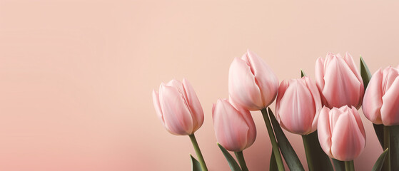 Naklejka premium Pink tulips close-up on beige background, providing ample space for text or customization.