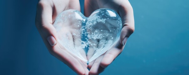 female hand hold ice cube heart on blue background