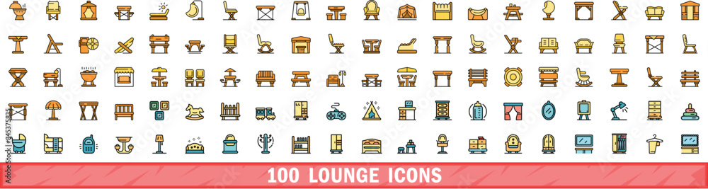Wall mural 100 lounge icons set. Color line set of lounge vector icons thin line color flat on white - Wall murals