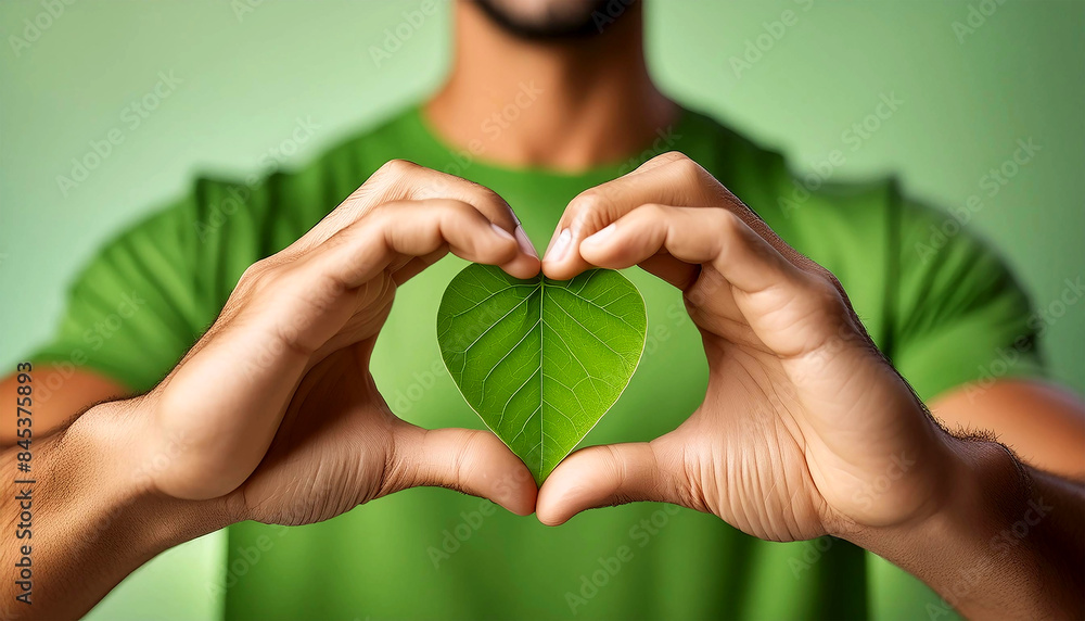 Poster closeup of the hands arranged in a heart shape of an environmentalist dressed in a green t-shirt whi