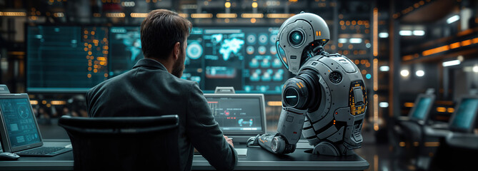 A man and a robot at a desk, looking at a computer screen