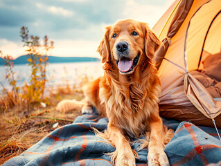 A Labrador Retriever lies near a tourist tent. Artificial intelligence. 