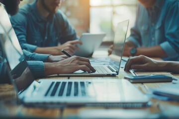 Teamwork in office for tech startup project funding and collaboration.