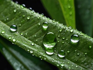 Water droplets glisten on a vibrant green leaf, showcasing exquisite details.
