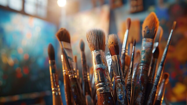 Paint brushes in an art studio