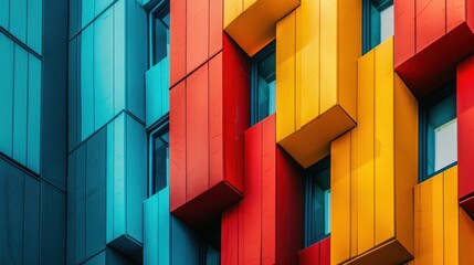 The building has a colorful facade with red and yellow walls