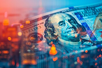 Close-up of a hundred dollar bill with a cityscape in the background.