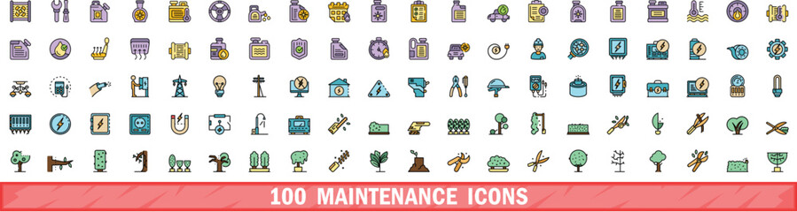 100 maintenance icons set. Color line set of maintenance vector icons thin line color flat on white