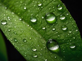 Water droplets glisten on a vibrant green leaf, showcasing exquisite details.