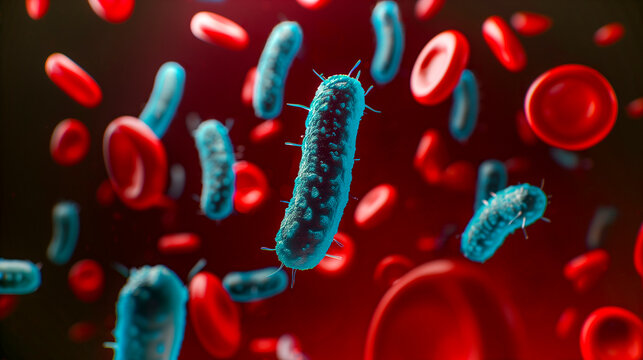 pathogenic bacteria within the bloodstream alongside red blood cells - septicemia or sepsis concept