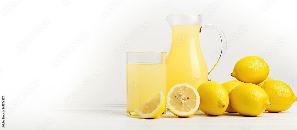 Poster close up of lemonade jug isolated on white background. creative banner. copyspace image