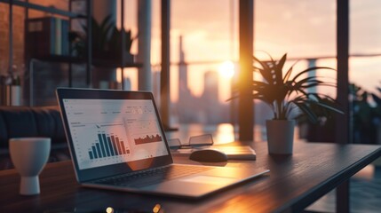 Sunset view behind a laptop with data