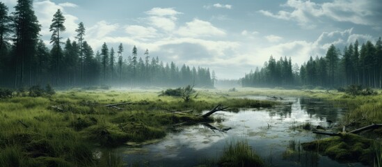 Fototapeta premium Swamp in field by the forest. Creative banner. Copyspace image