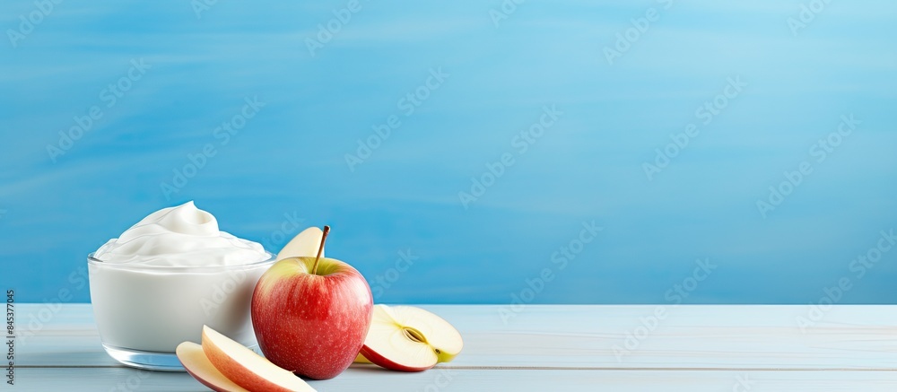 Poster yogurt with apples on a light background. creative banner. copyspace image