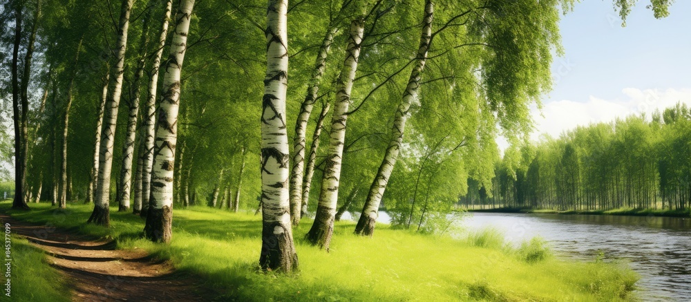 Poster Beautiful landscape with a long thin birch trees with green leaves in a birch grove on the banks of the river and the path to the river. Creative banner. Copyspace image