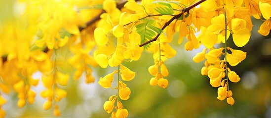 Obraz premium Close up soft focus the golden shower tree blooming with nature blurry background Cassia fistula flower selection focus only some point on image. Creative banner. Copyspace image