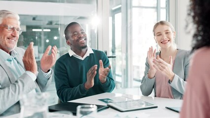 Happy business people, applause and shaking hands in office for deal, b2b collaboration or teamwork. Hiring, partnership or investors in agreement with meeting success, welcome or career opportunity